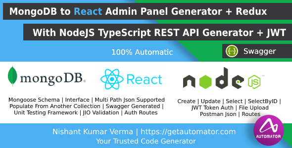 MongoDB to React Admin Panel Generator With NodeJS Typescript API + Redux + JWT + Swagger