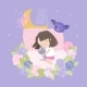 Cute Cartoon Girl Sleeping with Cat in Wreath  - GraphicRiver Item for Sale