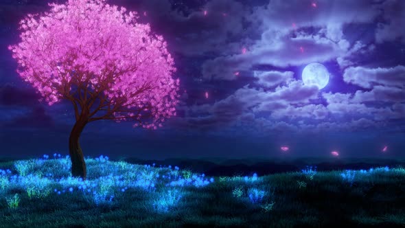 Pink Tree and Glowing Plants Grow on Top of Mountain