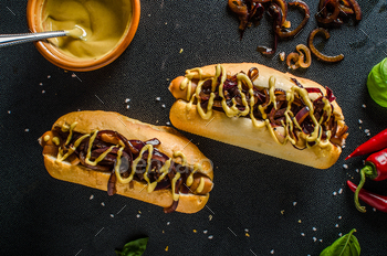 melized red onion, french mustard and chilli dogs
