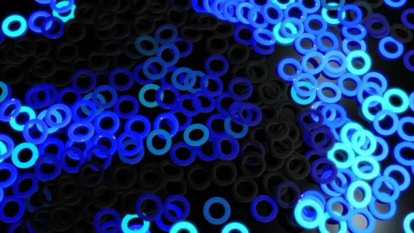 3d Abstract Looped Background with Lot of Gray Toruses or Rings Lay on Plane and Light Up Blue