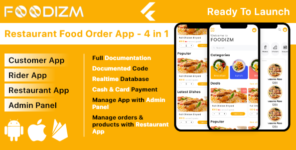 Foodizm - Restaurant Food Ordering App in Flutter - Customer, Restaurant, Rider App