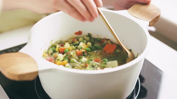 Delicious Vegetable Soup Minestrone on Stove