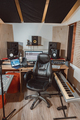 Engineer workplace for broadcasting. Music rehearsal space with drum kit and musical equipment. - PhotoDune Item for Sale