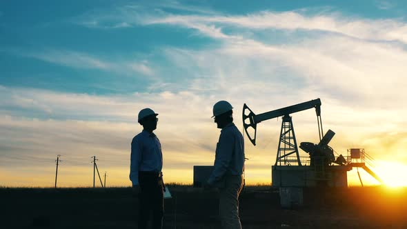 Power Workers Are Shaking Hands at the Oil Development Site