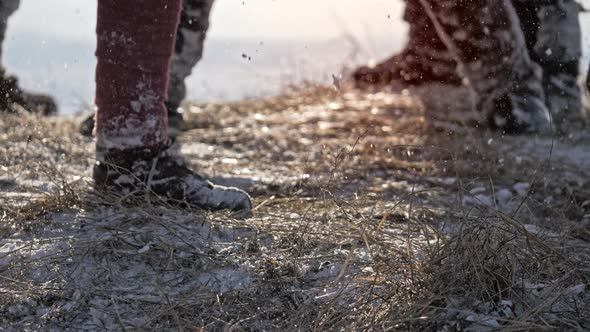 Legs of Viking Warriors, During Attack at Winter Time. Medieval Reenactment.