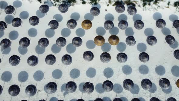 Holidays and Vacations on the Sea Coast Aerial View of Umbrellas at Sandy Beach Sunny Weather