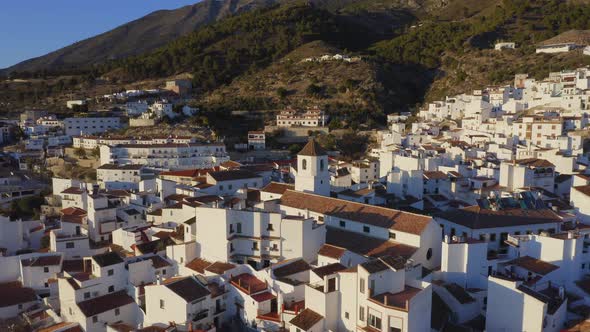 Aerial Drone View of Spain, Spanish Church in Town in Mountains, Costa Del Sol, Andalusia (Andalucia