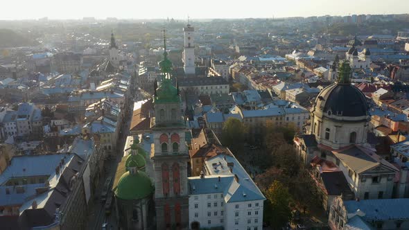 Aerial Video of Uspinska Church in in Central Part of Old City of Lviv, Ukraine