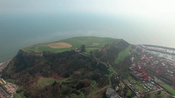 Aerial Panoramic Of Scarborough Town With Medieval Ruins In North Yorkshire, England.