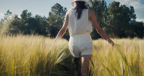 Carefree Attractive Woman Walk Through Rye Meadow and Touch Harvest on Vacation