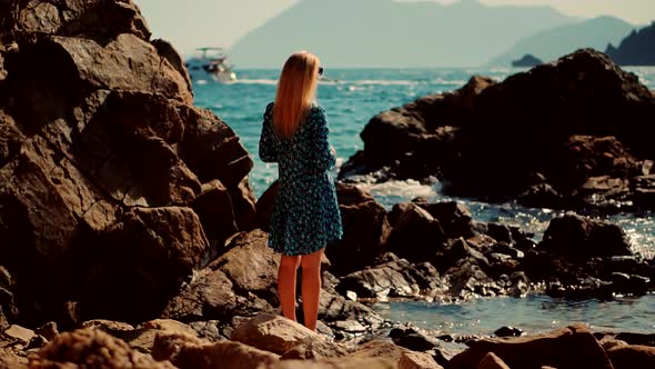 Traveler Walking Mediterranean Sea Beach. Cinematic Inspiration Travel Holiday Trip. Sea Breeze.