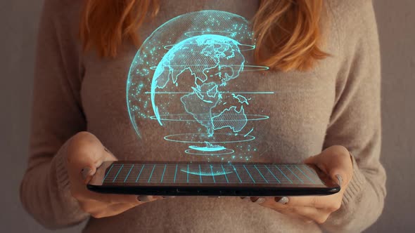 Hologram Screen On A Tablet With Digital Data Globe And World Map