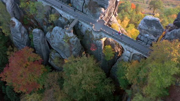 The Bastei Rock Formation and Bridge Crossing the Towering Rock Landmark in G