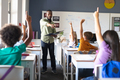 African american young male teacher pointing caucasian elementary girl with hand raised in class - PhotoDune Item for Sale