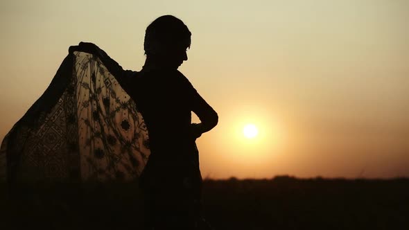 Silhouette of Beautiful Lady Wearing Gorgeous Traditional Dress Performing Bollywood Festival Show