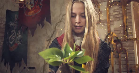 Wizard School Student is Inspecting a Mandragora Root in Botany Class