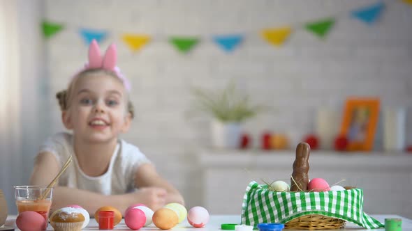 Happy Girl Smiling Looking Into Camera, Waiting for Easter, Last Preparation