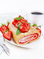 Roll with cream and strawberries in plate on light board - PhotoDune Item for Sale