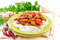 Stir-fry of chicken with peppers in plate on white board - PhotoDune Item for Sale