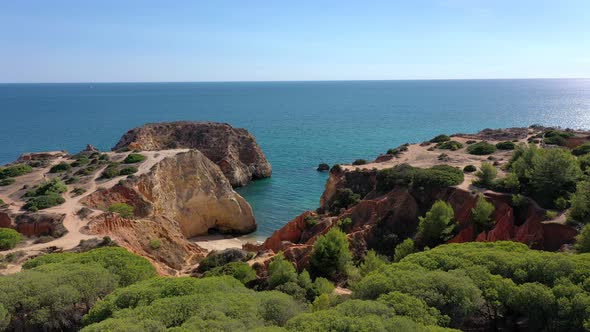 Delightful Aerial View of Portuguese Rocky Beaches Near the City of Portimao