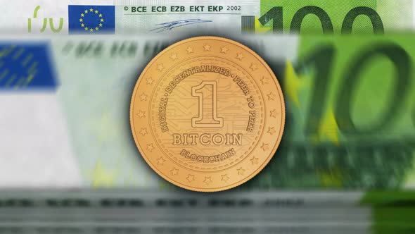 Bitcoin cryptocurrency golden coins over Euro banknotes loop