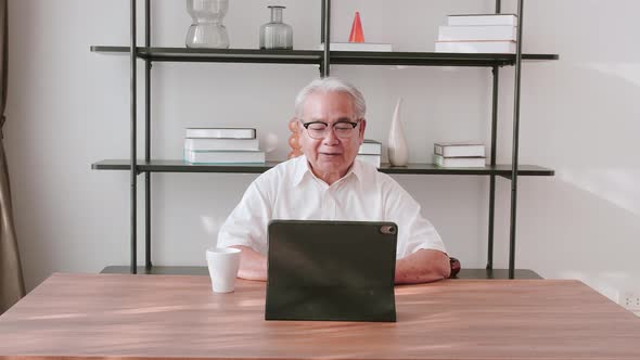 Senior Asian man and granddaughter participate in video call with friends.