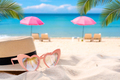 Hat and sunglasses on the tropical white sand beach with copy space, Summer vacation concept - PhotoDune Item for Sale