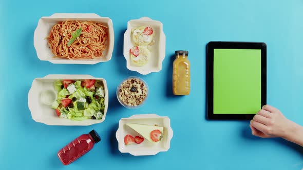 Food Delivery App Top View Take Away Meals in Disposable Containers on Blue Background