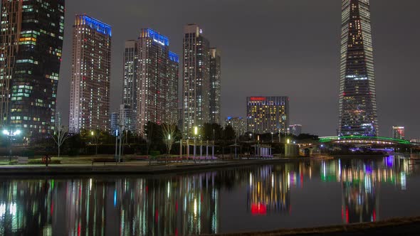 Timelapse Illuminated Flashing Incheon Skyscrapers