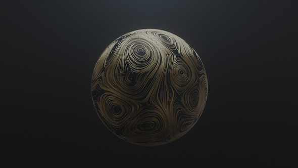 Spinning Golden Ball with Circular Topographic Animated Lines and Particles on Black Background