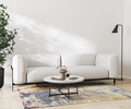 living room with white sofa, coffee table, floor lamp, wooden floor with rug, white wall - PhotoDune Item for Sale