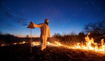  Man in protective suit and gas mask near burning grass with smoke, holding warning sign with skull and crossbones. Natural disaster concept.