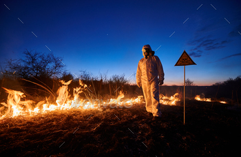 t. Man in suit and gas mask near burning grass with smoke and yellow triangle with skull and crossbones warning sign. Natural disaster concept.