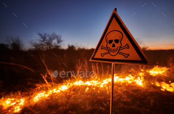 Yellow triangle with skull and crossbones sign warning about poisonous substances and danger in field with fire. Ecology and hazard concept.