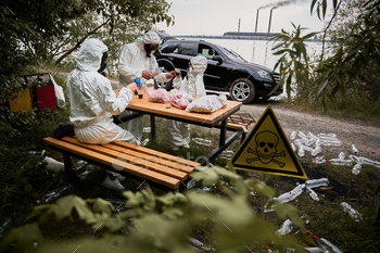 oadside forest with plastic bottles and poison toxic sign. Family resting at polluted territory with garbage and skull-and-crossbones warning symbol.