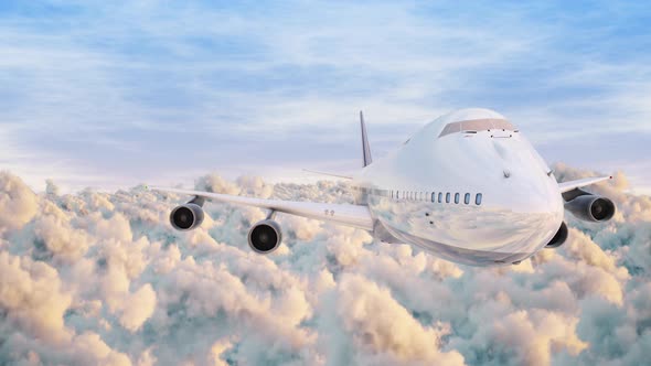 Airplane Jumbo Jet Front View Fyling Over Puffy Clouds Sunlight And Blue Sky Seamless Loop