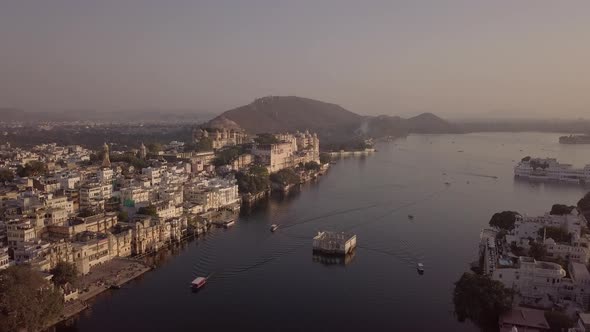 Aerial view 4k video by drone of Lake Pichola