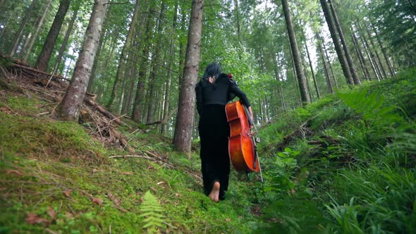 Musician in black dress walks in the forest.