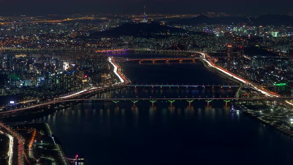 Timelapse Modern Seoul Overpass Roads on Wide River Banks