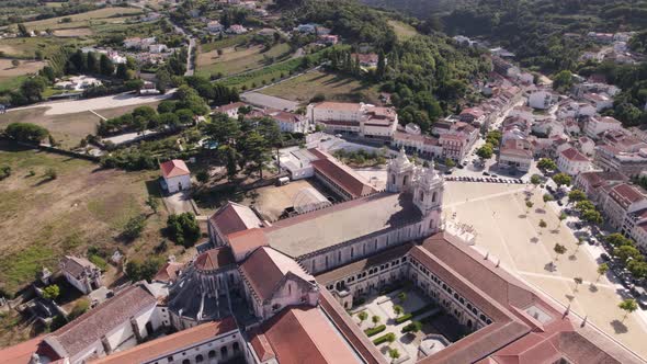 Alcobaça Monastery, gorgeous architectural medieval landmark in Portugal. Aerial wide view