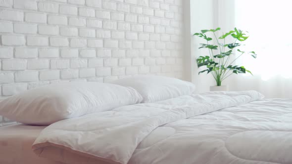 bed with white pillow and blanket with natural light in bedroom in the morning