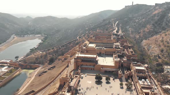 Panoramic view surrounding Amber Fort overlooking Maota Lake in Jaipur, Rajasthan, India