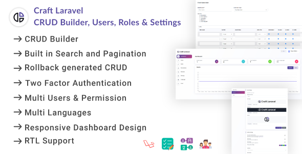 Craft Laravel Admin Panel - CRUD builder, Users, Role, Permissions & Settings