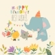 Birthday Card with Cute Animals Celebrating - GraphicRiver Item for Sale