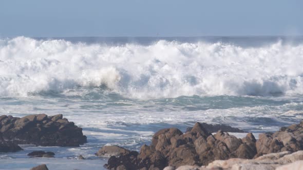 Big Huge Stormy Sea Waves Crashing on Rocky Craggy Beach California Ocean Coast