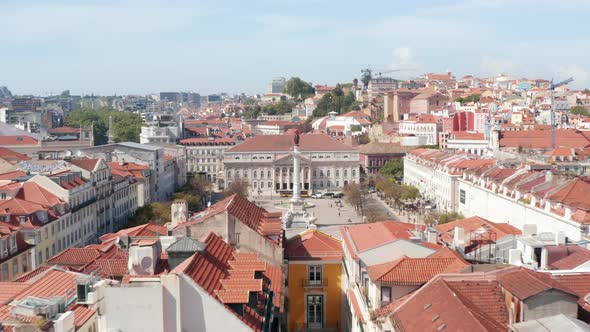 Aerial View of Historic Town Center King Pedro IV Square with Column of Pedro IV and Queen Maria II