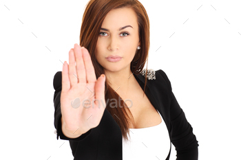  sign with her hand over white backgroud