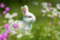 Funny little white rabbit on spring green grass with flowers - PhotoDune Item for Sale