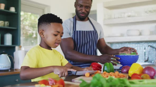 African american father and son in kitchen wearing aprons and preparing dinner together